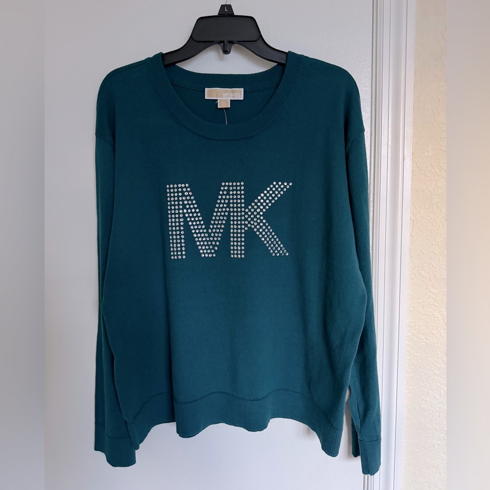 Michael Kors Teal Crewneck Sweater with Crystal MK Emblem